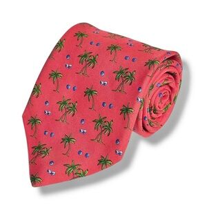 BROOKS BROTHERS Coral Silk Tie Palm Trees & Blue Coconut Pattern